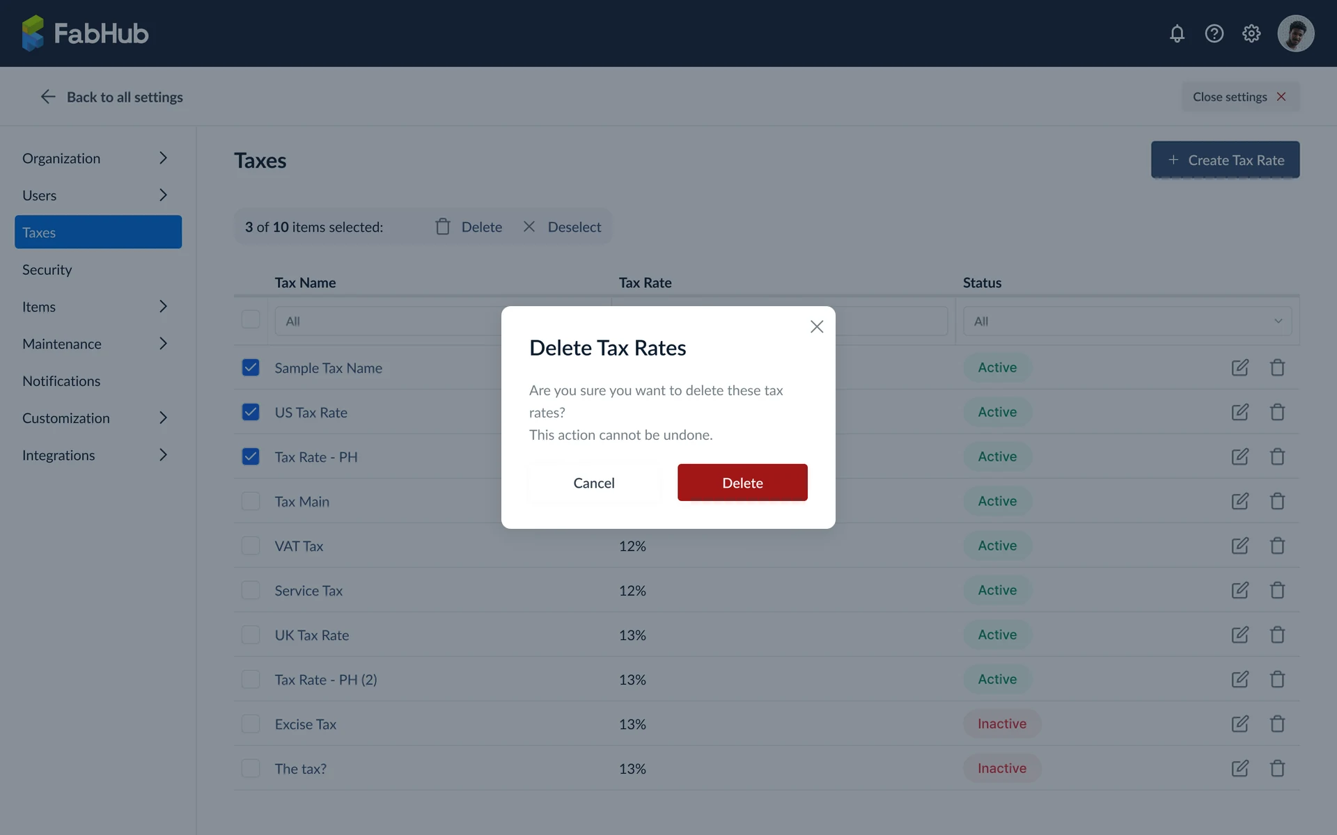 Delete tax rate confirmation