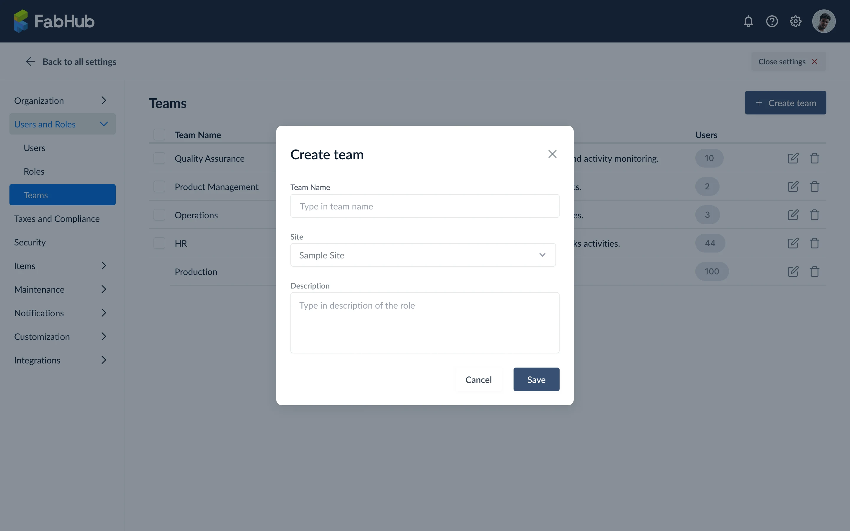 Create team form