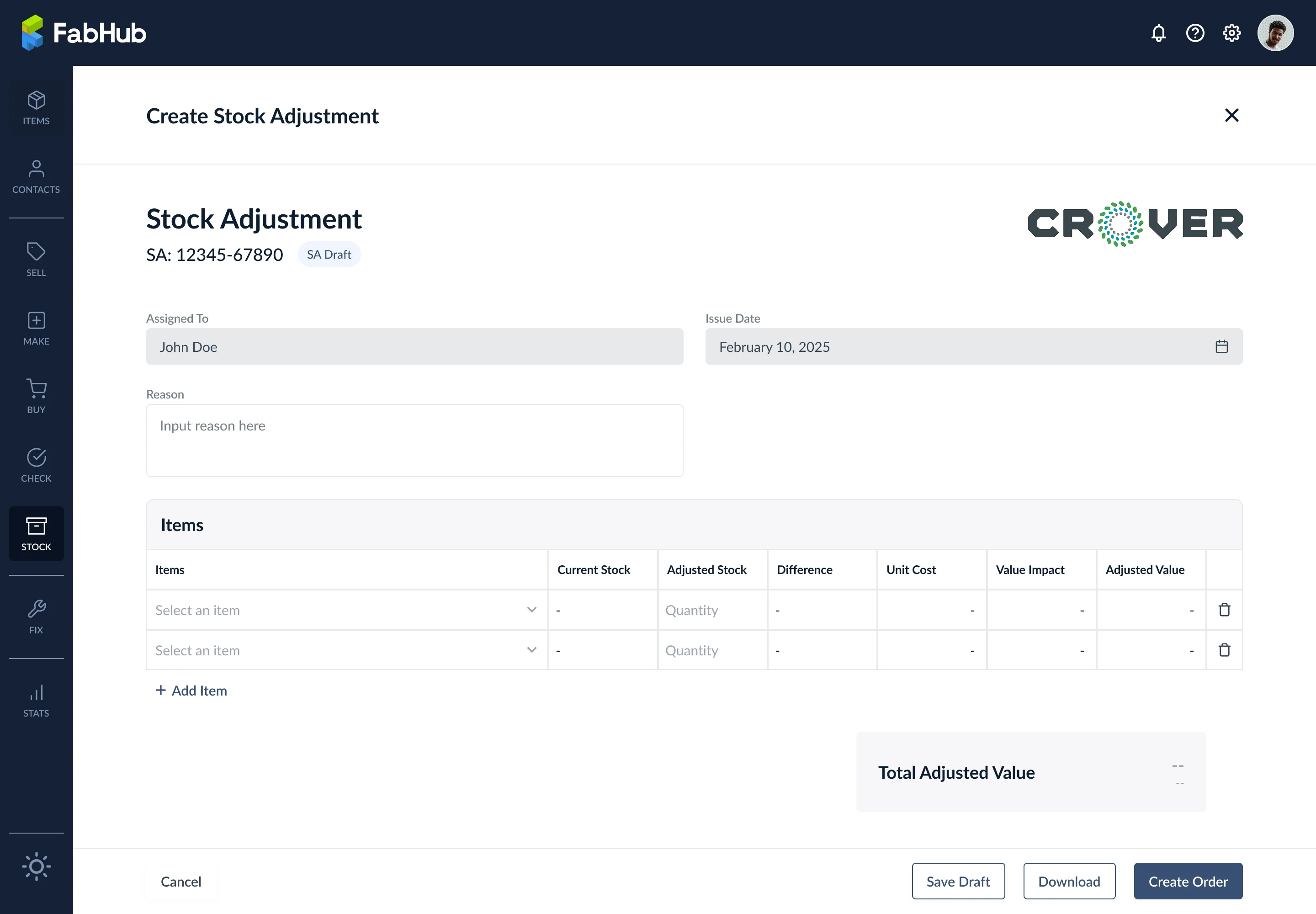 Create Stock Adjustment modal with assignee, reason, issue date, items table, and the Save Draft / Create Order actions