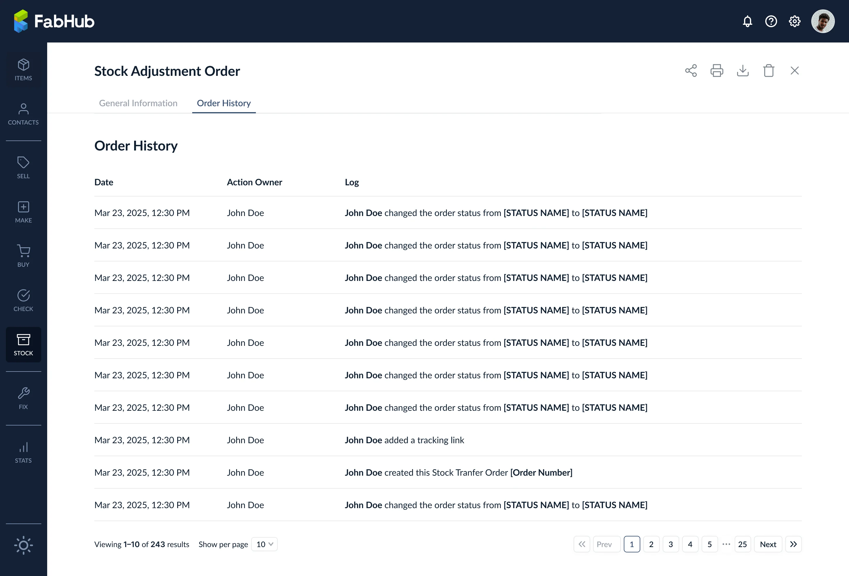 Stock Adjustment Order History tab listing dated entries for status changes and creation, with action owner and a log description for each row