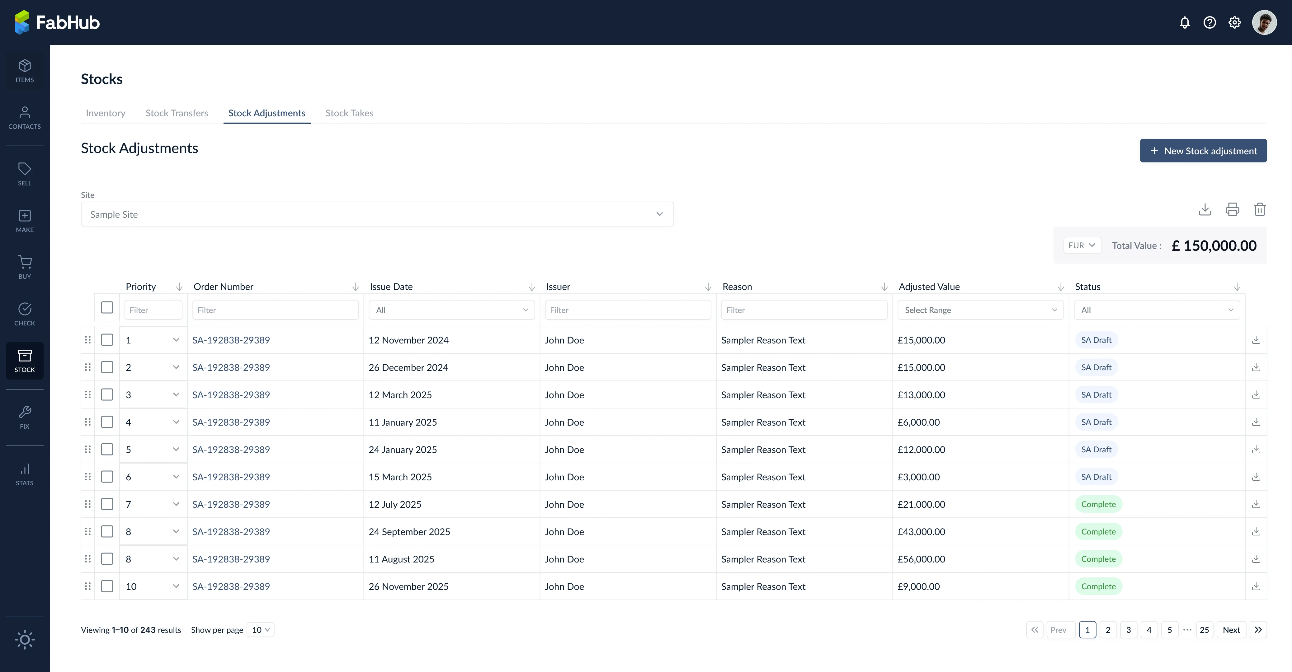 Stock Adjustments master table listing all adjustment orders with priority, issue date, issuer, reason, adjusted value, and status columns