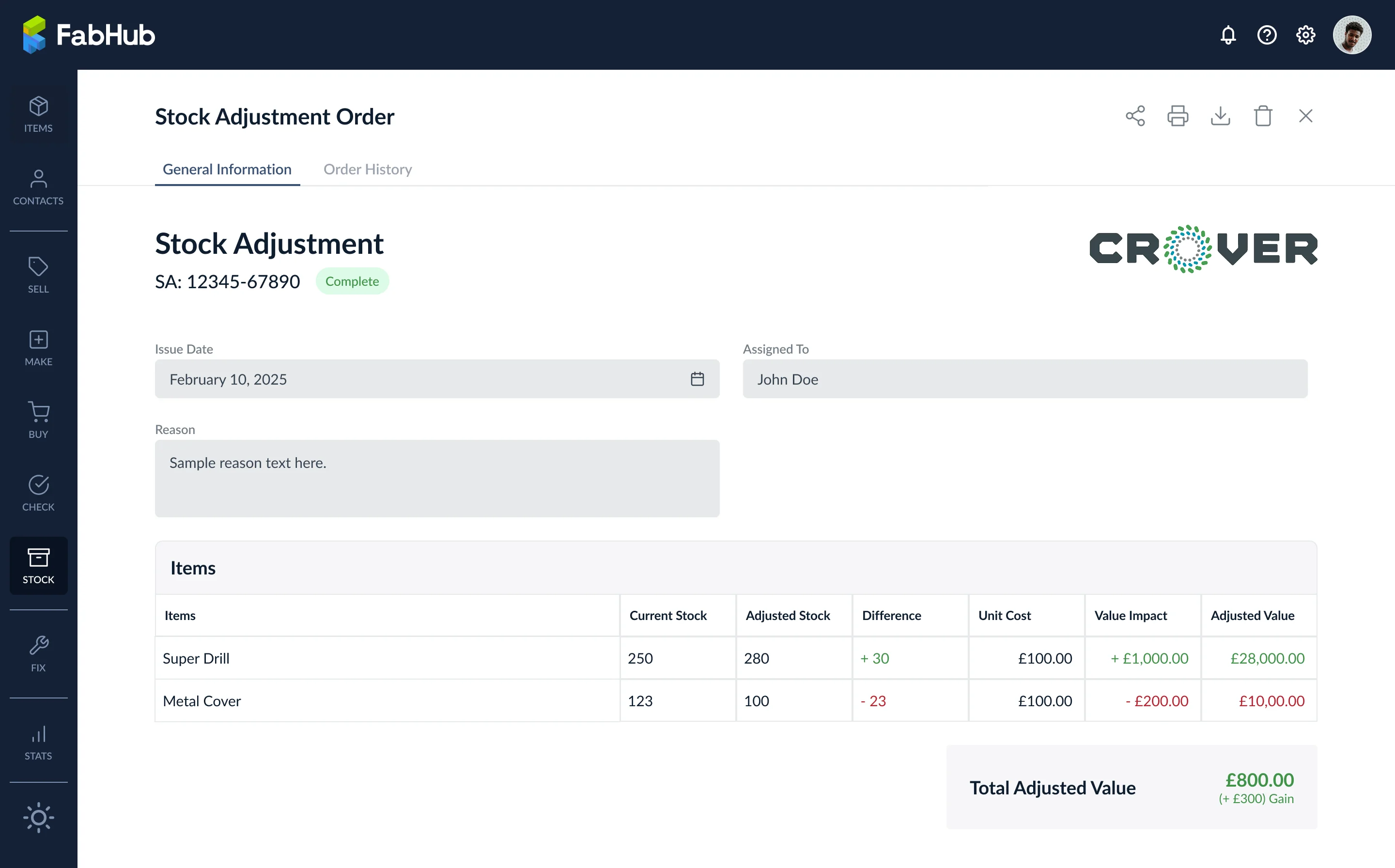 Completed Stock Adjustment Order showing items with current stock, adjusted stock, difference, unit cost, value impact, and total adjusted value at the bottom right