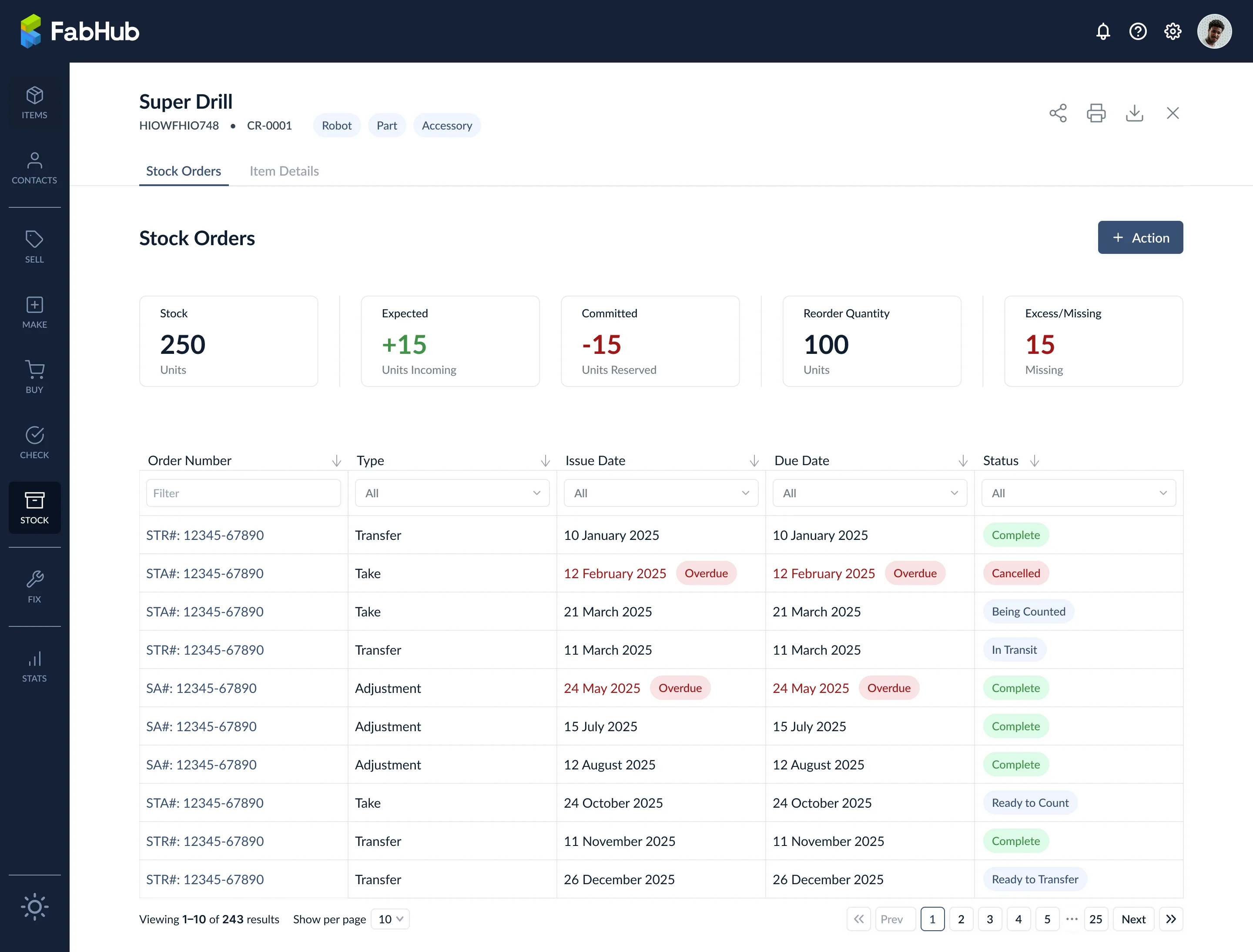 Stock Orders tab