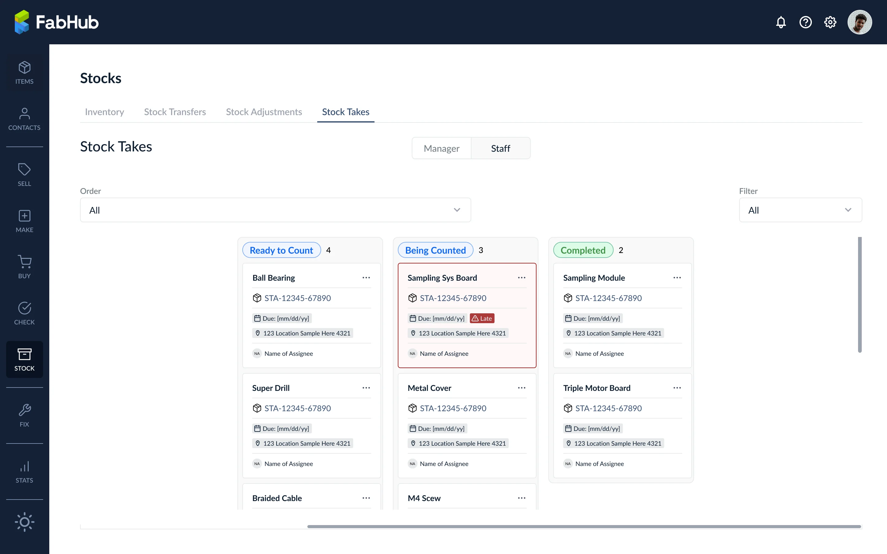Kanban board of individual item counting tasks