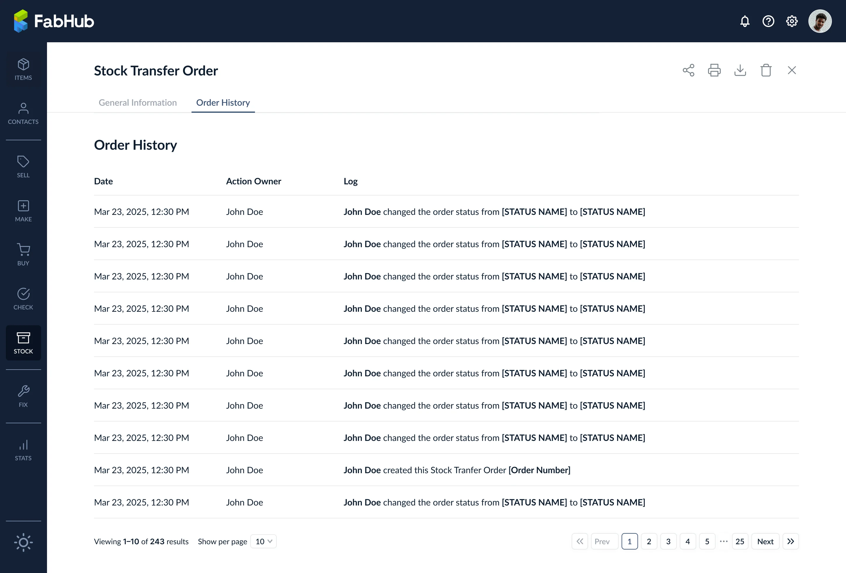 Order history audit trail for a stock take