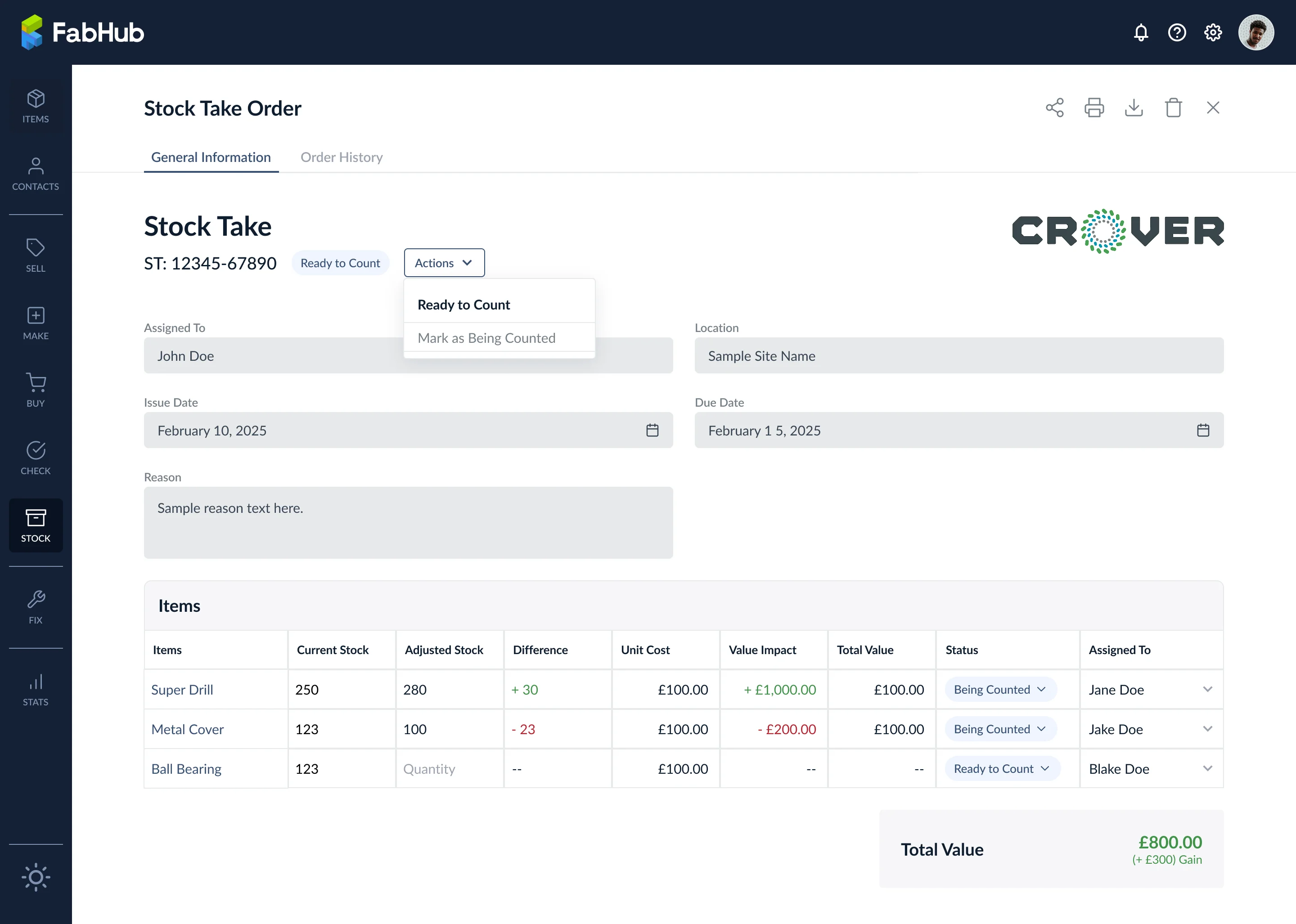 Stock take order detail view with live counts and value impact