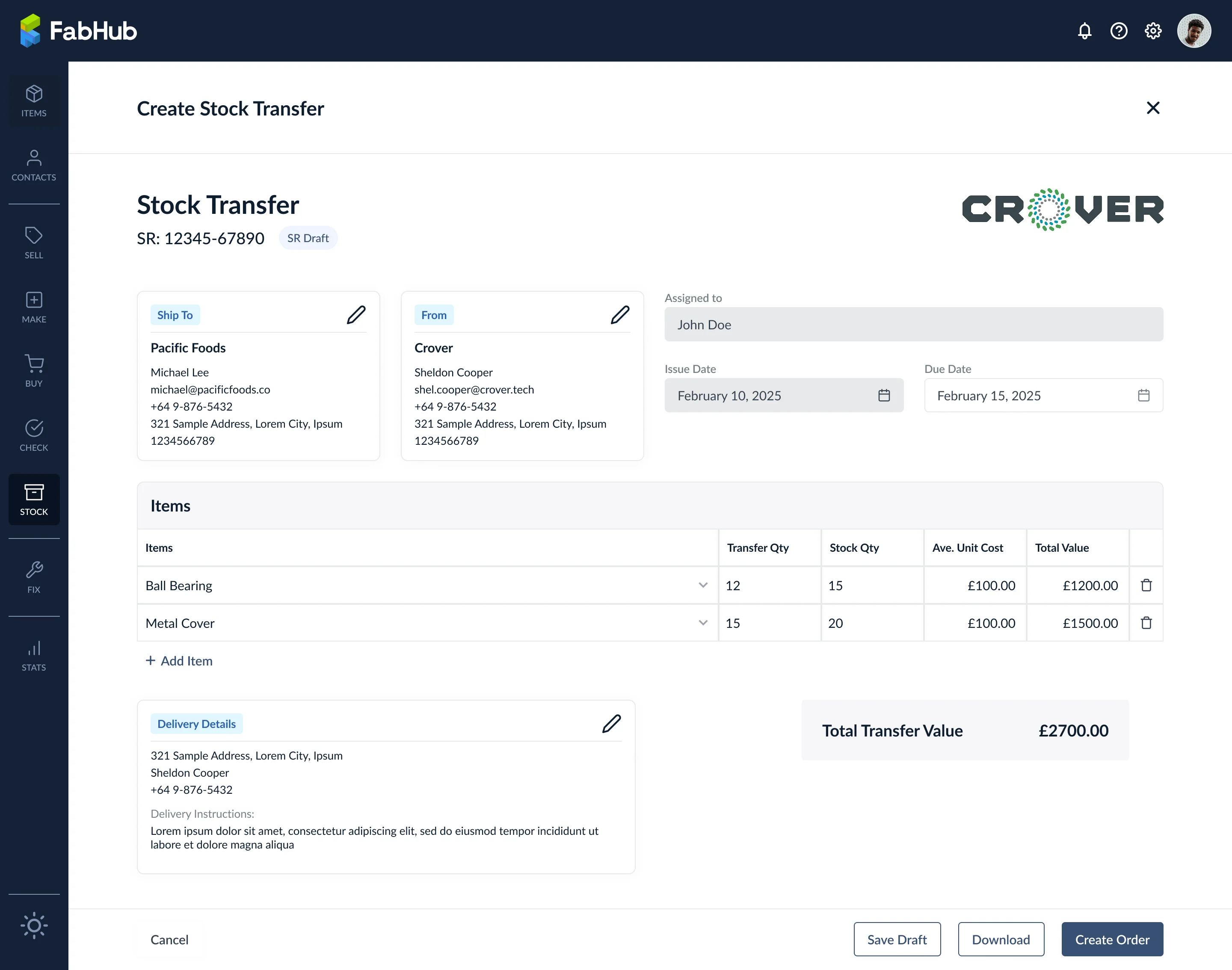 Create Stock Transfer form showing ship to and from cards, and items grid