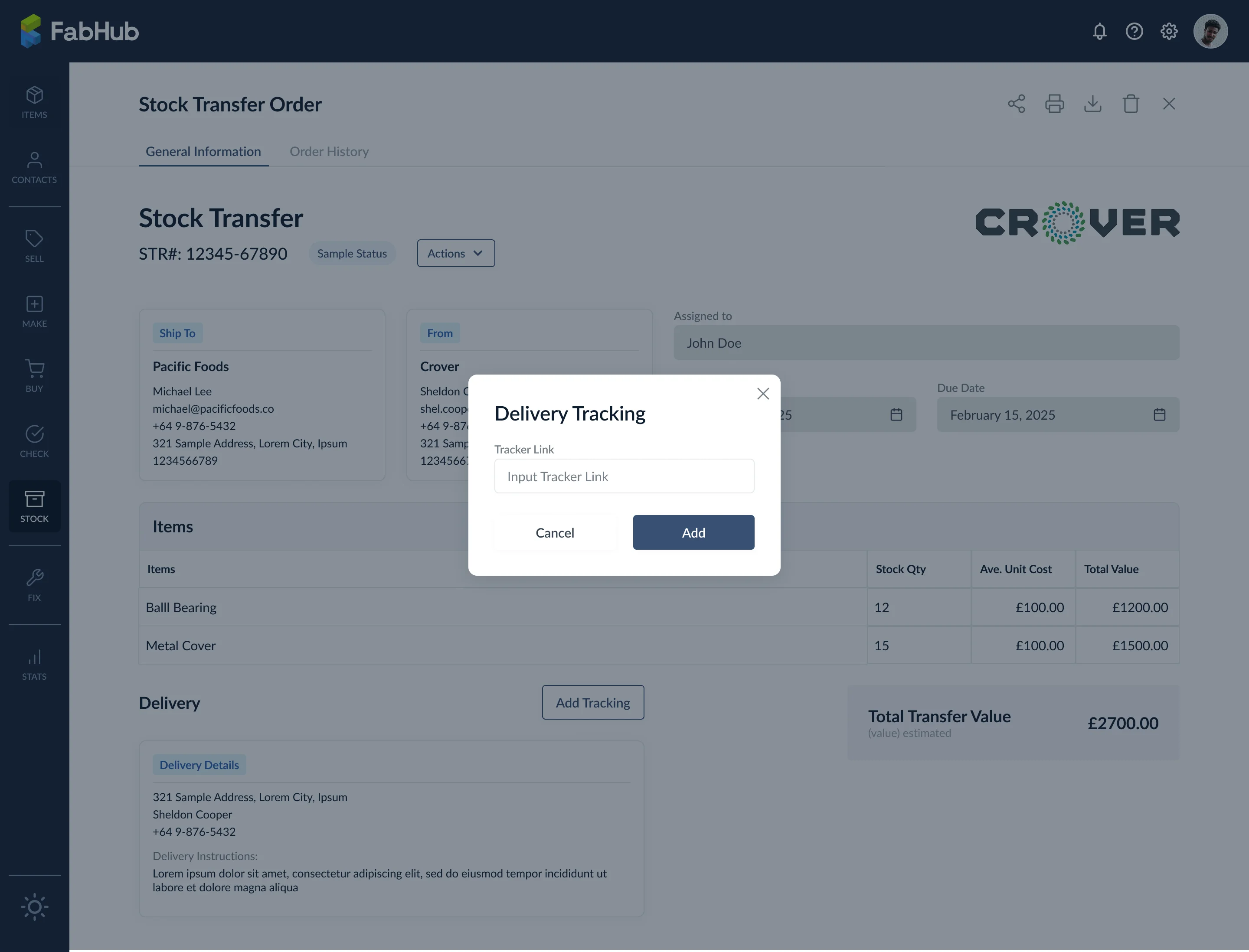 Delivery Tracking modal with the Tracker Link field for the courier URL