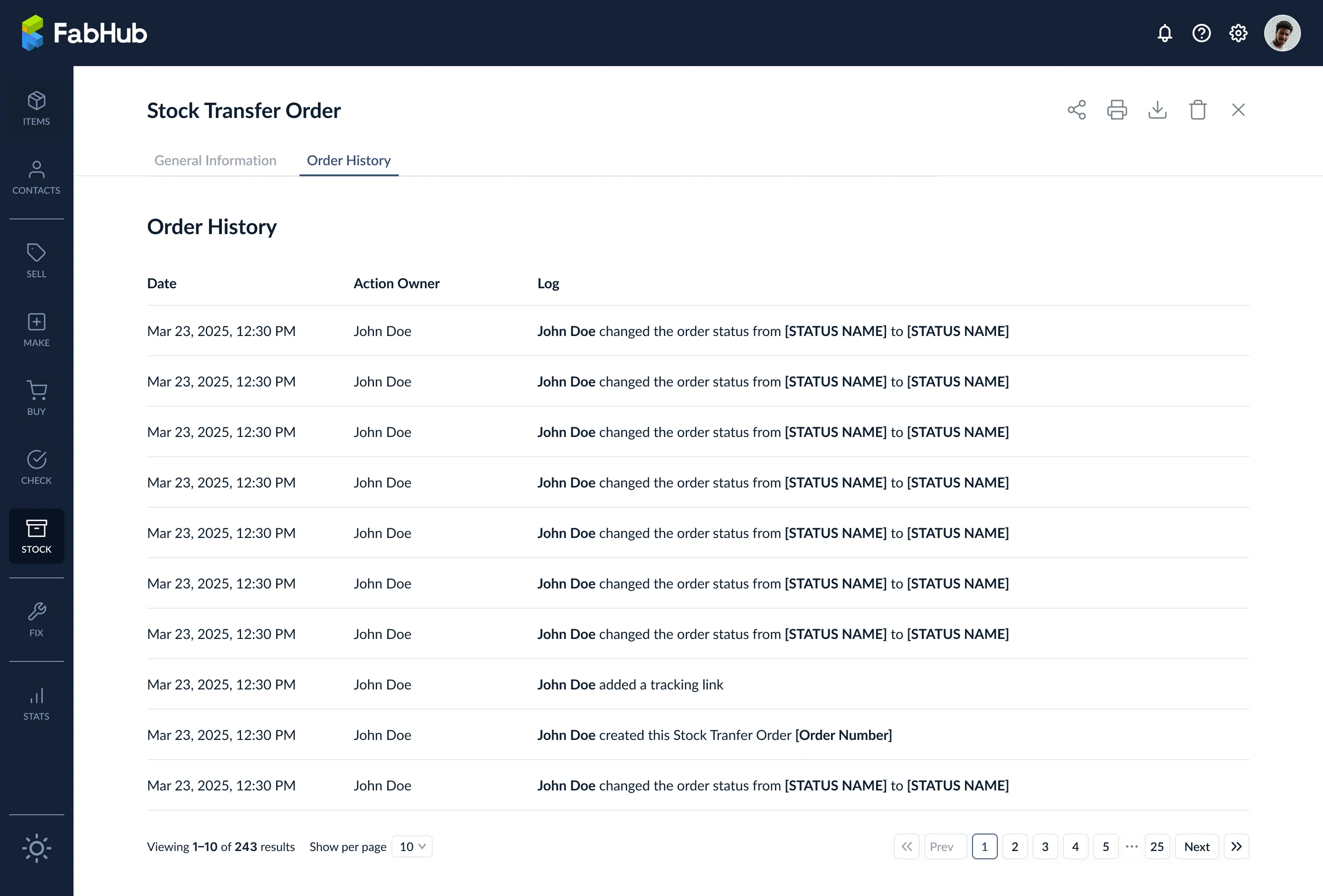 Stock Transfer Order History tab with chronological log of status changes and user actions