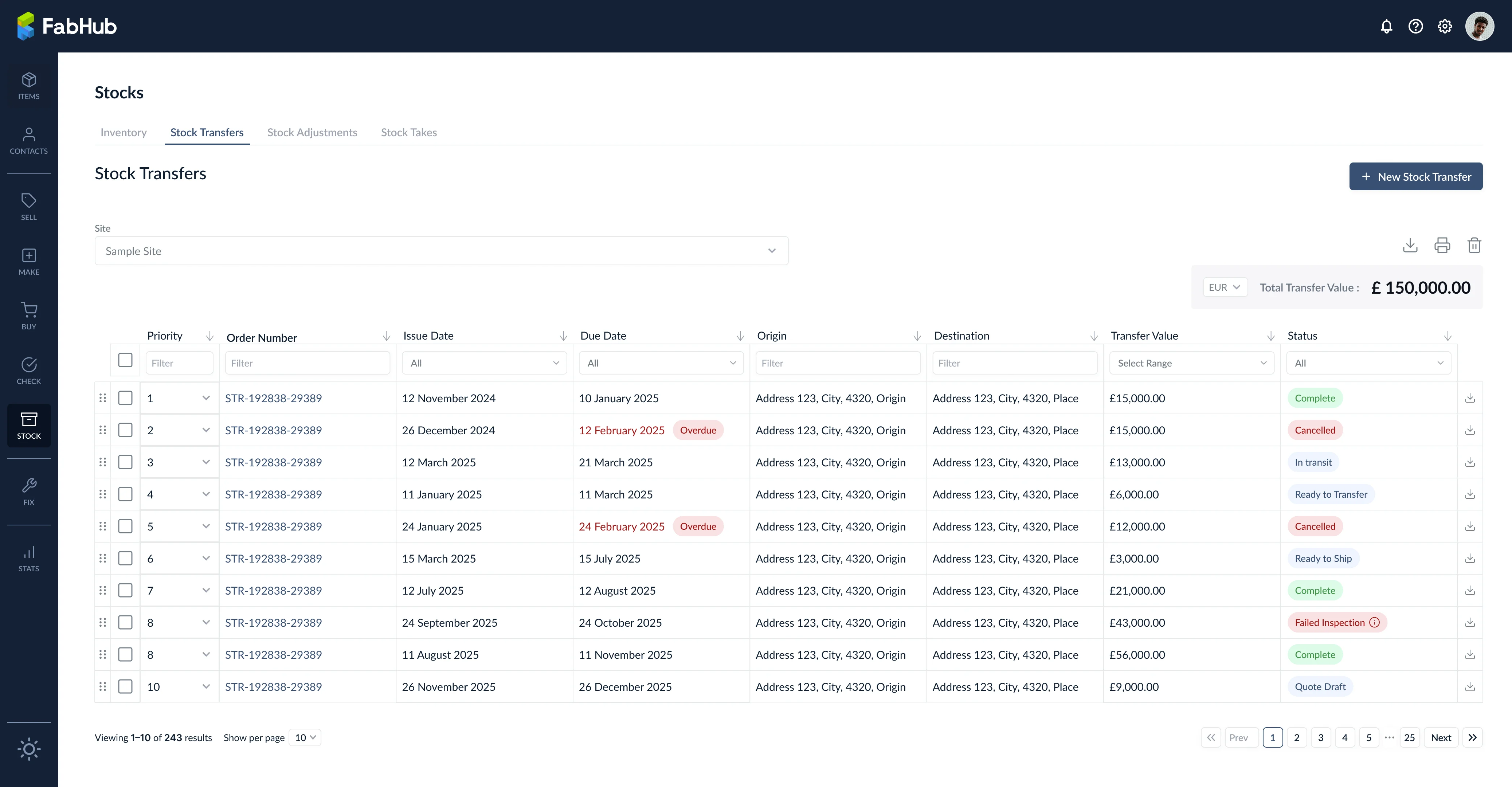Stock Transfers master table listing transfer orders with order number, sites, value, and status columns