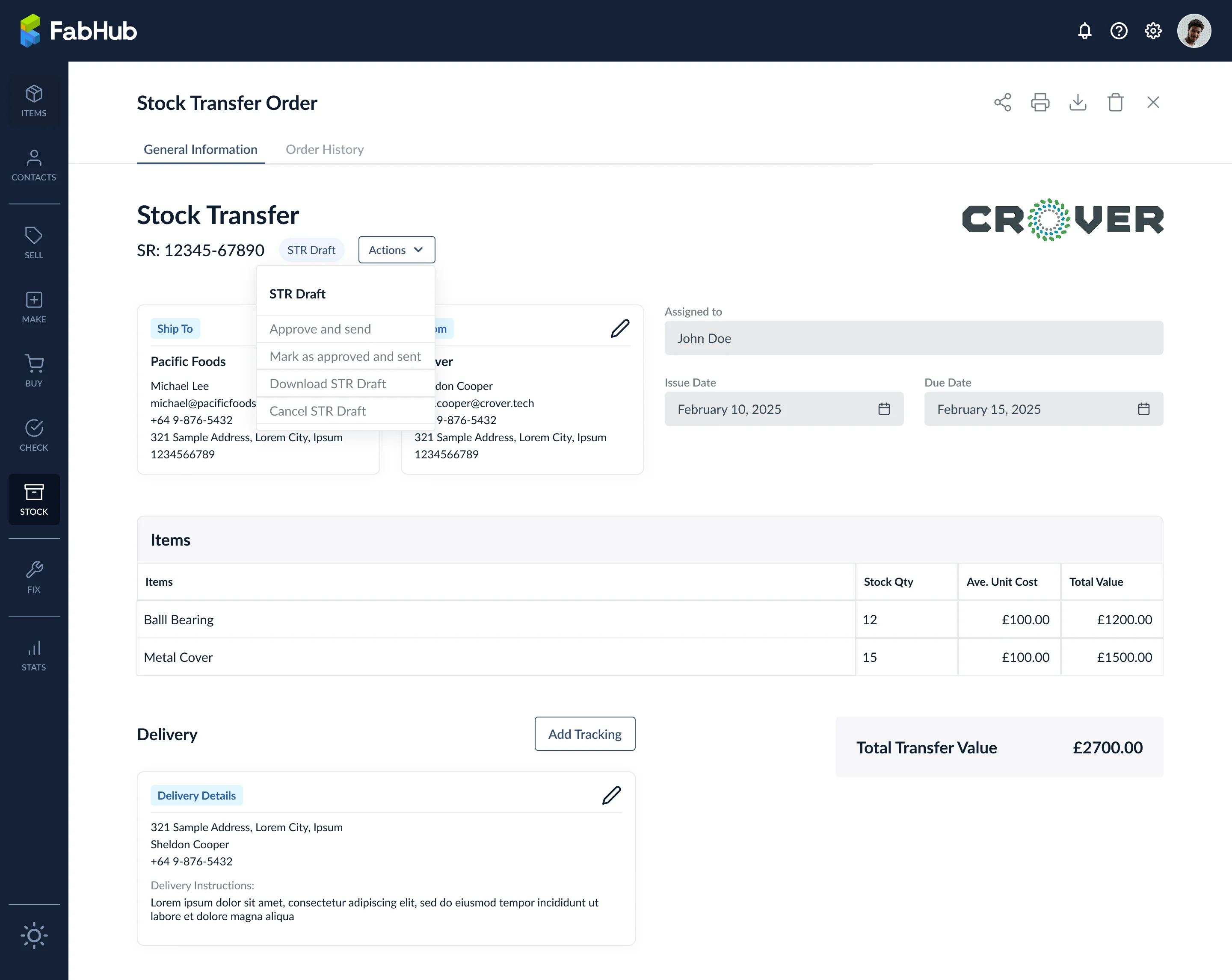 Stock Transfer Order view with the Actions dropdown open and Update Status confirmation modal