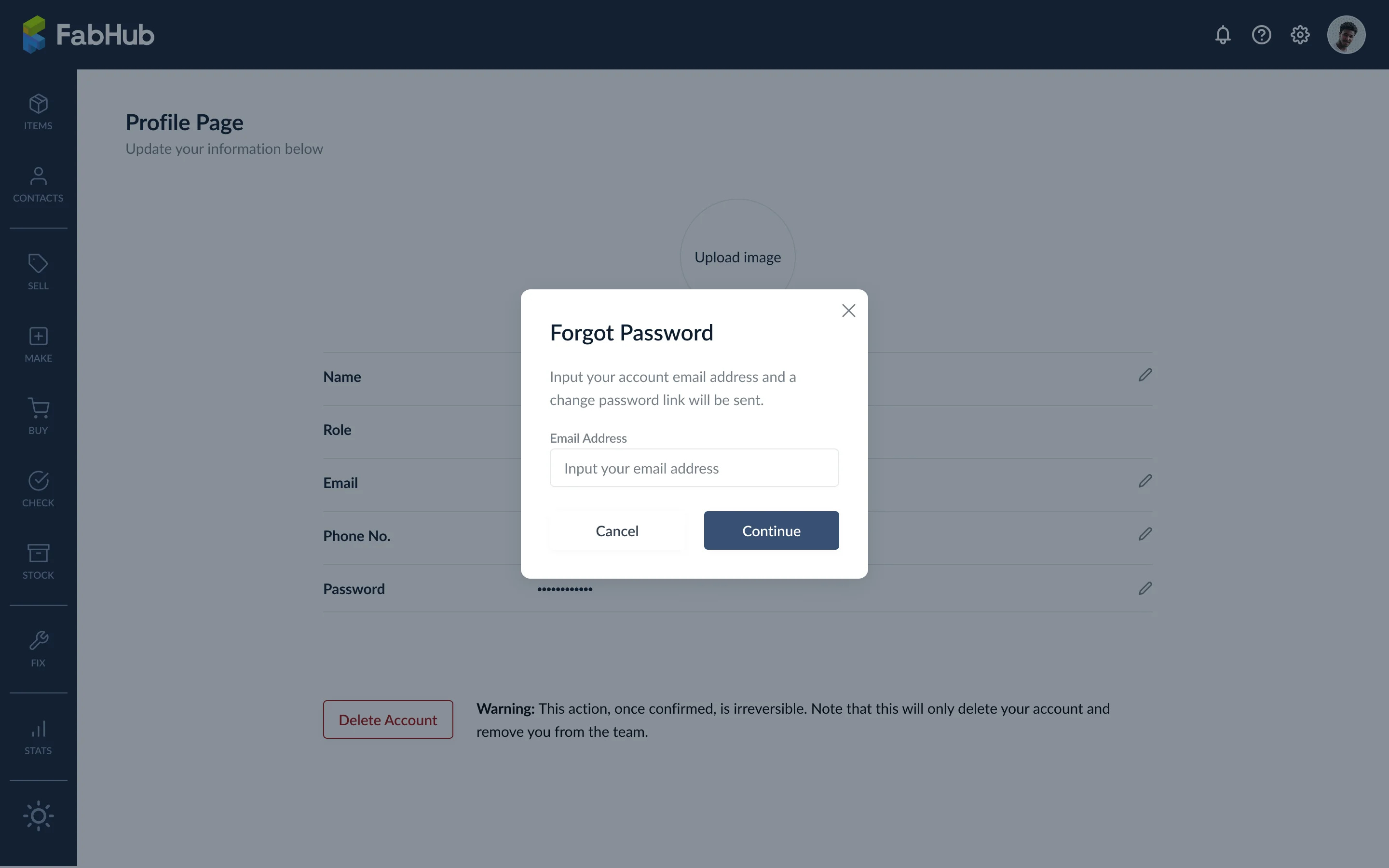 Forgot password modal with email input and Continue button