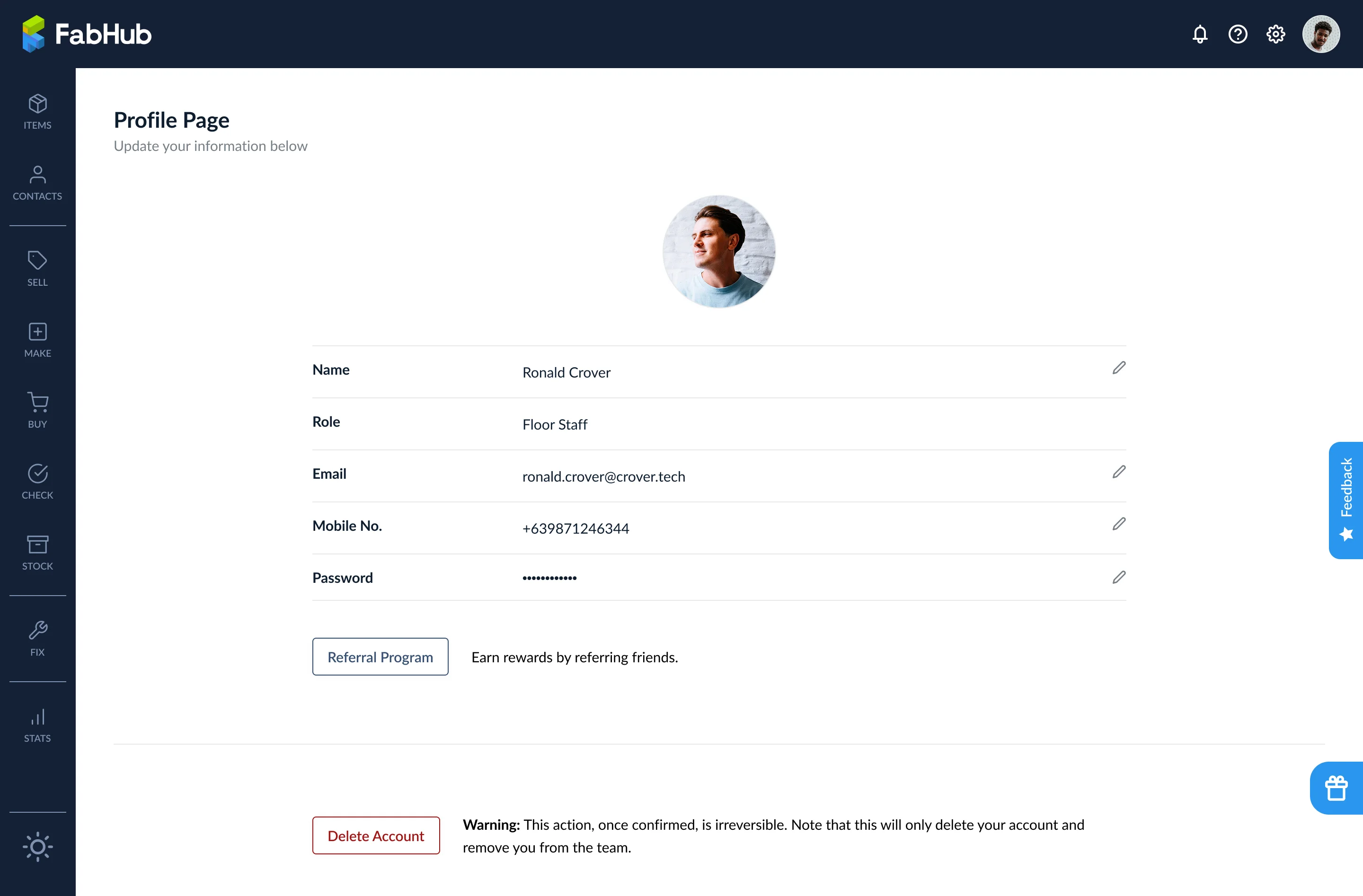 Profile settings dashboard with editable name, email, mobile, and password fields
