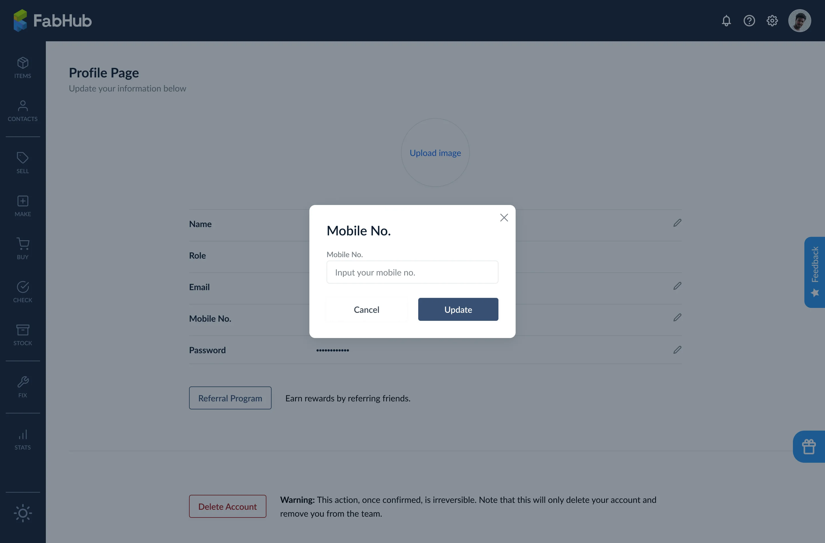 Update mobile number modal with input field and Update button