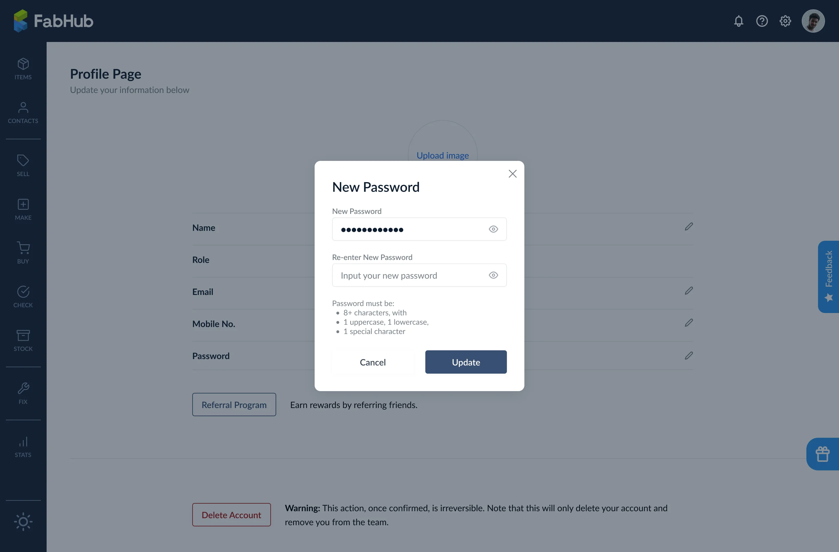 Change password modal with new password and confirm fields