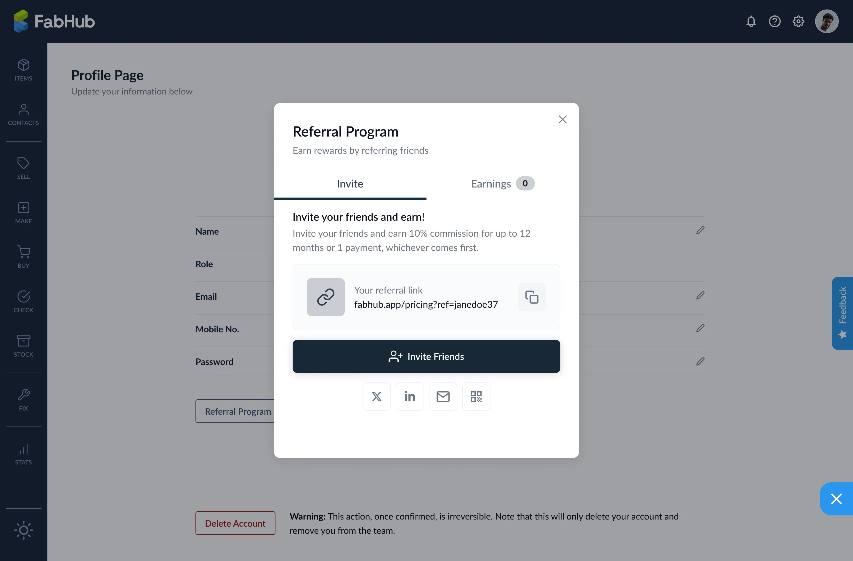 Referral Program panel showing your referral link and earnings summary